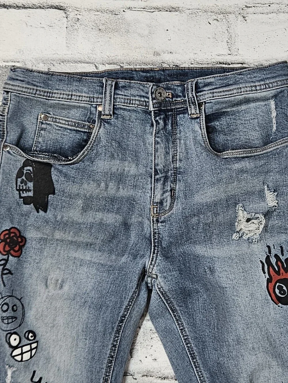 Lure Graffiti Distressed Skinny Jeans Men’s 32 Streetwear Denim